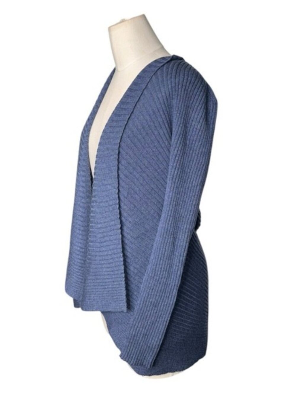 Eileen Fisher Merino Wool Open Front Cardigan Soft Ribbed Knit Blue Draped PM - Picture 4 of 5